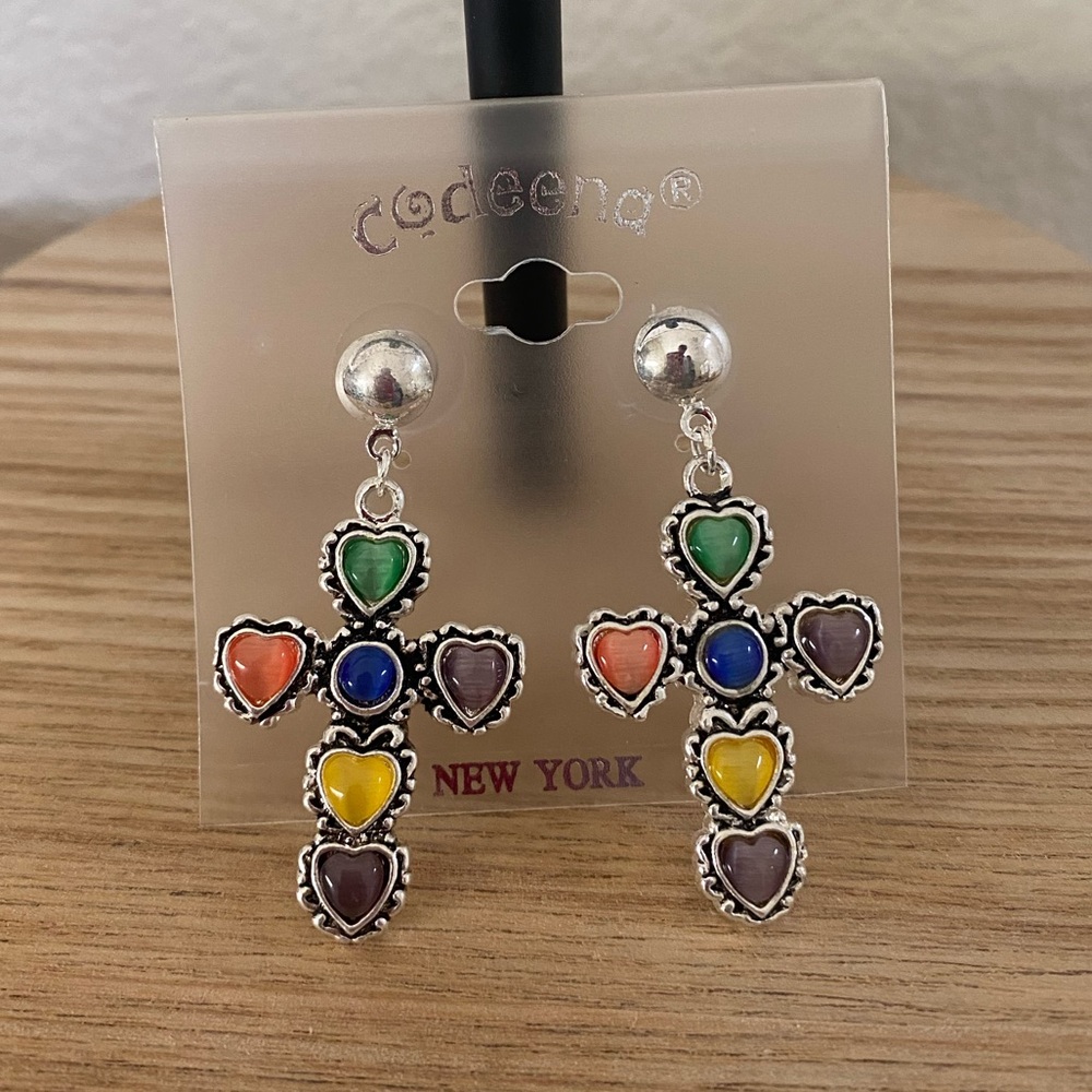 Multicolor Heart Cross Drop Earrings - Picture 2 of 5